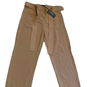 SHINESTAR Women's Brown Poly Crepe TIE-BELT Tapered Leg HIGH-WAIST Dress Pants L